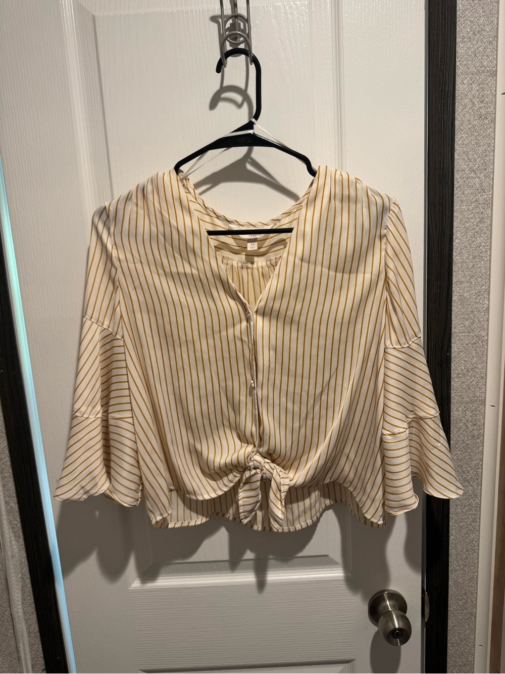 LC Lauren Conrad Cream Blouse with Yellow Stripes and Tie Front